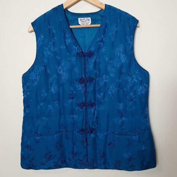 Vintage Silk Vest Double Horse Puff Quilt Boho Asian Satin Blue - Picture 2 of 6